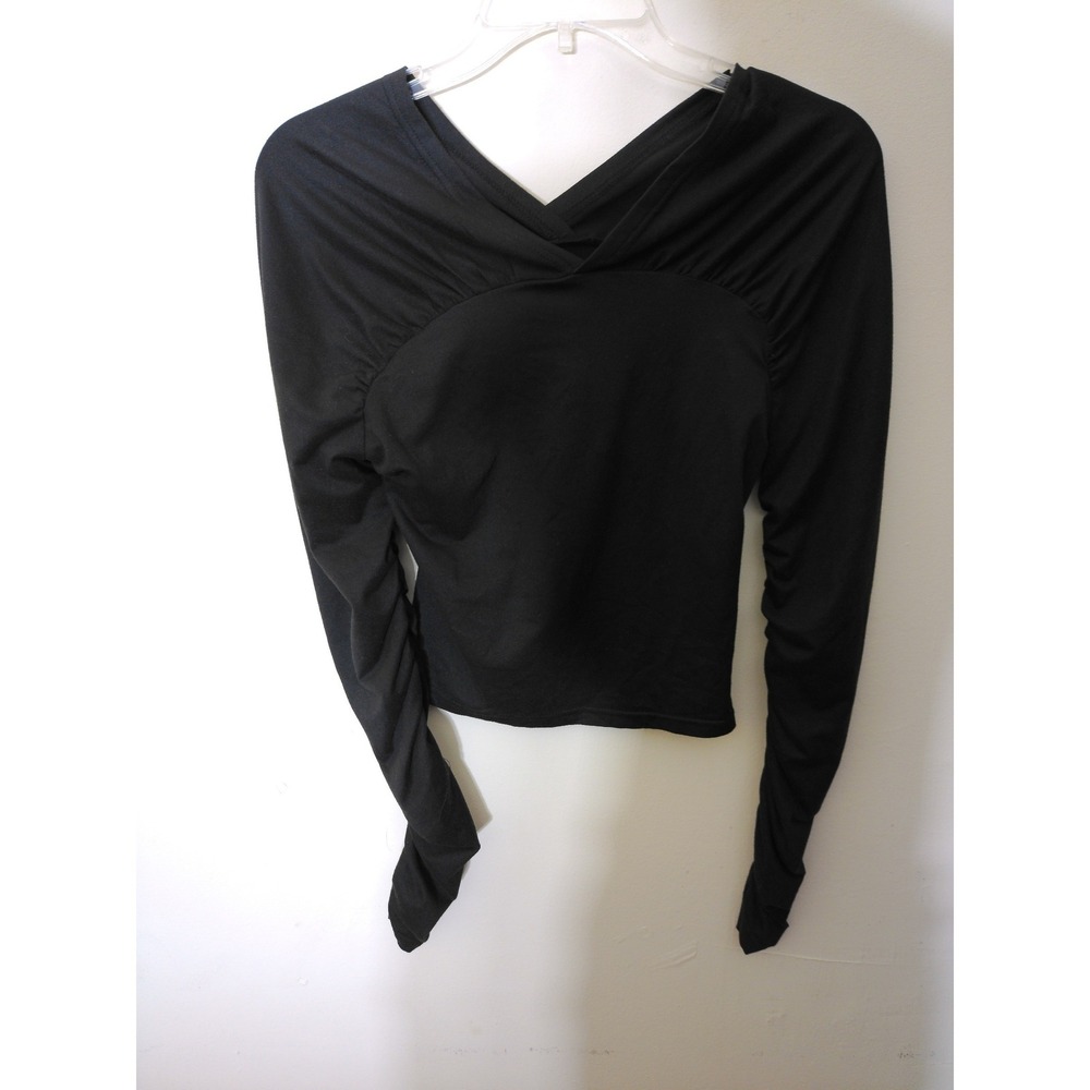 Unbranded Ruched Long Sleeve Top Women Small Black V-Neck Avant Garde Slim Fit